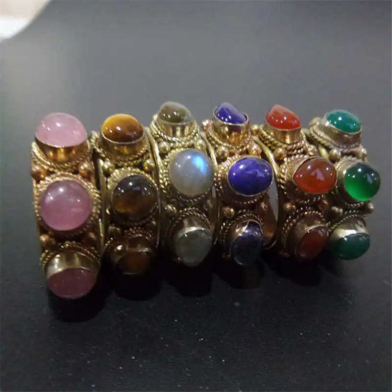 R246 Indian Rose Copper inlaid Natural Lapis Lazuli Tiger Eye Labradorite Beads Open Rings For Man