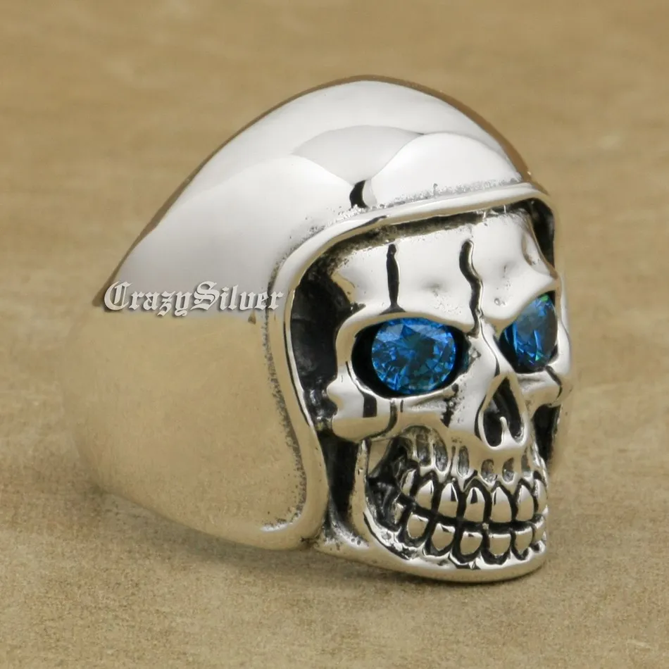 

925 Sterling Silver Football Helmet Hat CZ Eyes Skull Ring Men Biker Rock Punk Ring 9QX11 US Size 7 to 14