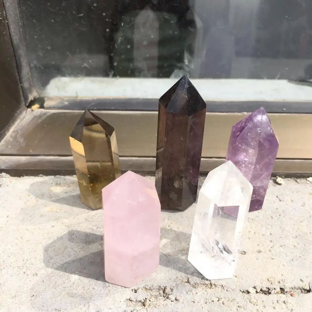 5pcs natural citrine，amethyst,clear,smoky,rose Crystal gemstone point obelisk meditation reiki healing crystal wand home decor