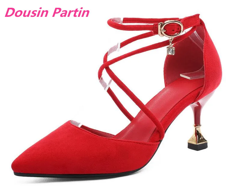 Dousin Partin Women Pumps Pointed Toe Flock Square High Heel Bead Buckle Strap Hollow Anti-skid Fashion Ladies Sandals