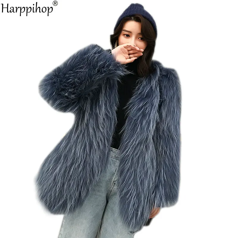 High Quality Natural Raccoon Fur Knitted Coat Women\'s Long Sleeve Winter Warm Genuine Fur Coats long Jackets