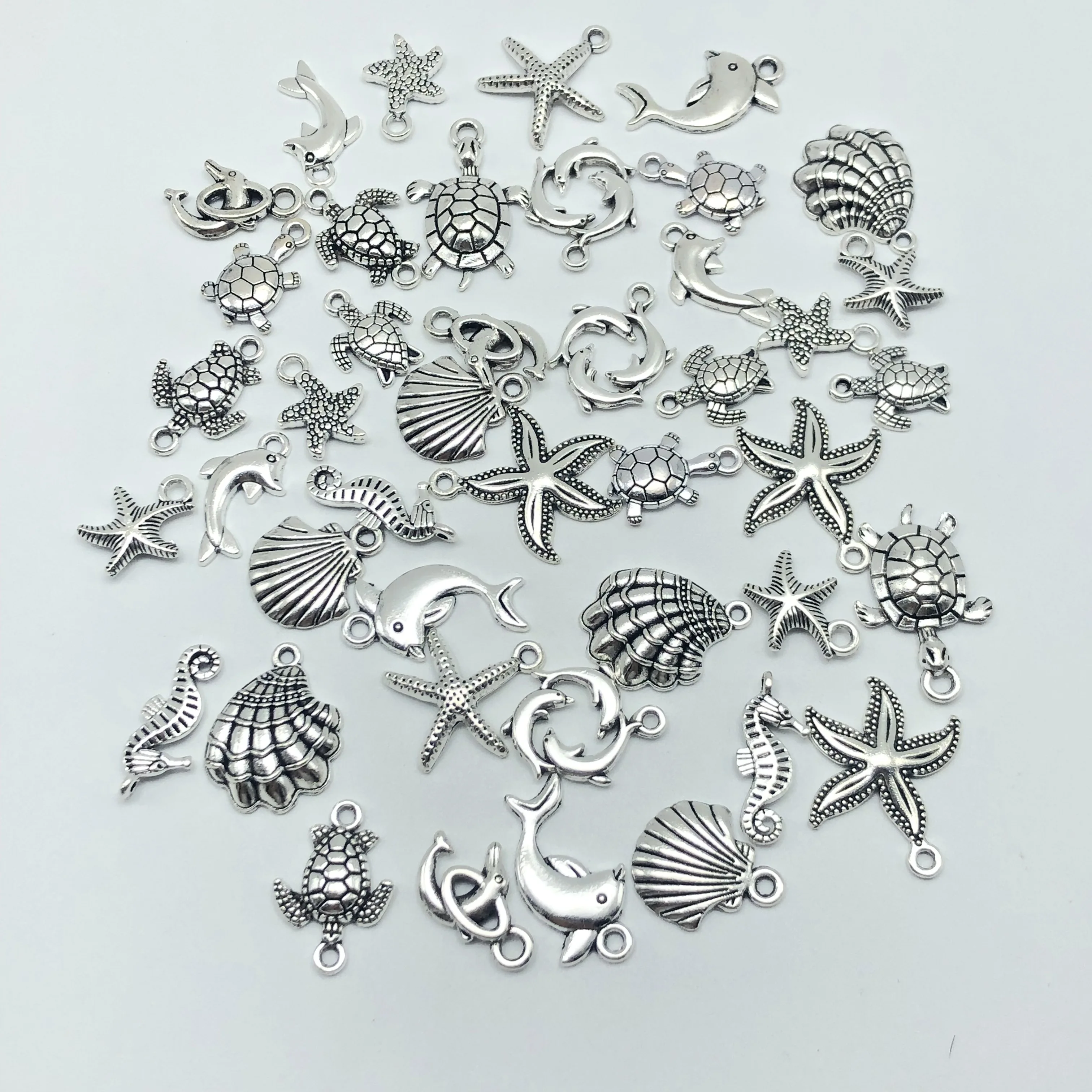 Alloy 30pcs Mixed batch Tibetan silver starfish turtles shell dolphins tortoise hippocampus Charm pendant jewellery Wholesale