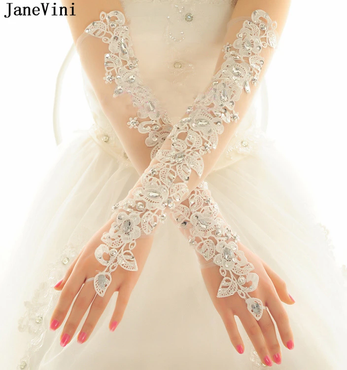 JaneVini Luxus Elfenbein Lange Hochzeit Handschuhe Appliques Perlen Tüll Finger Handschuhe für Damen Braut Handschuhe Hochzeit Zubehör