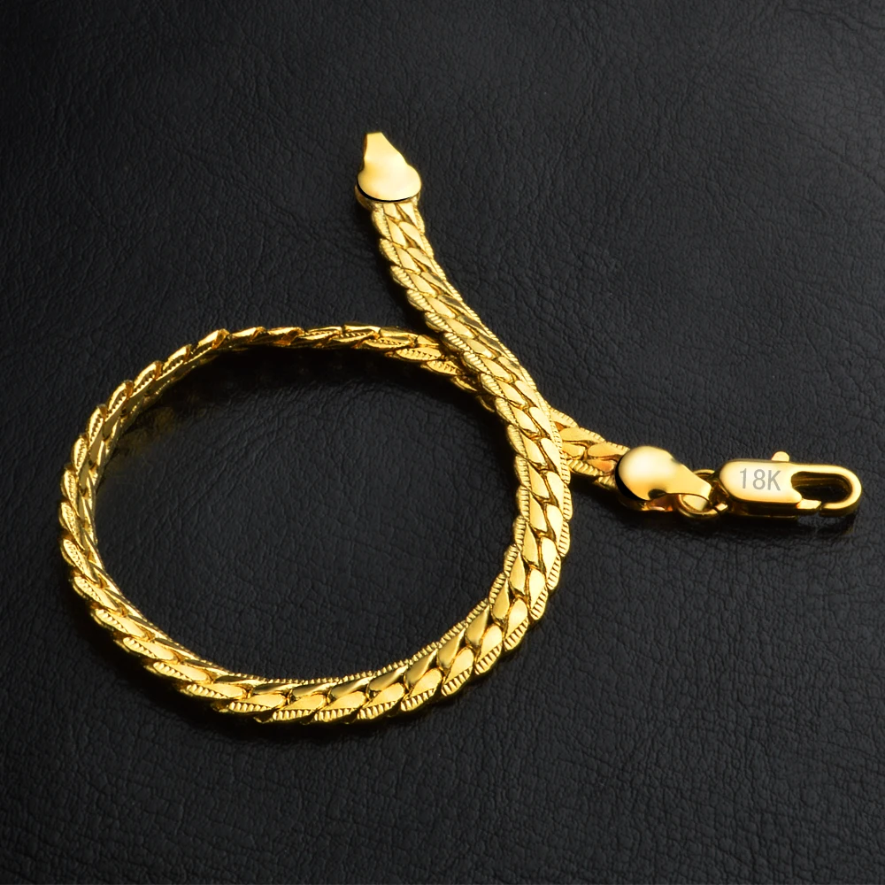 Wholesale 18k Gold Plated 5mm Sideways Chain Bracelets for Men Women 20cm Fashion Gold Color Men\'s Bracelet Party Jewelry Gift