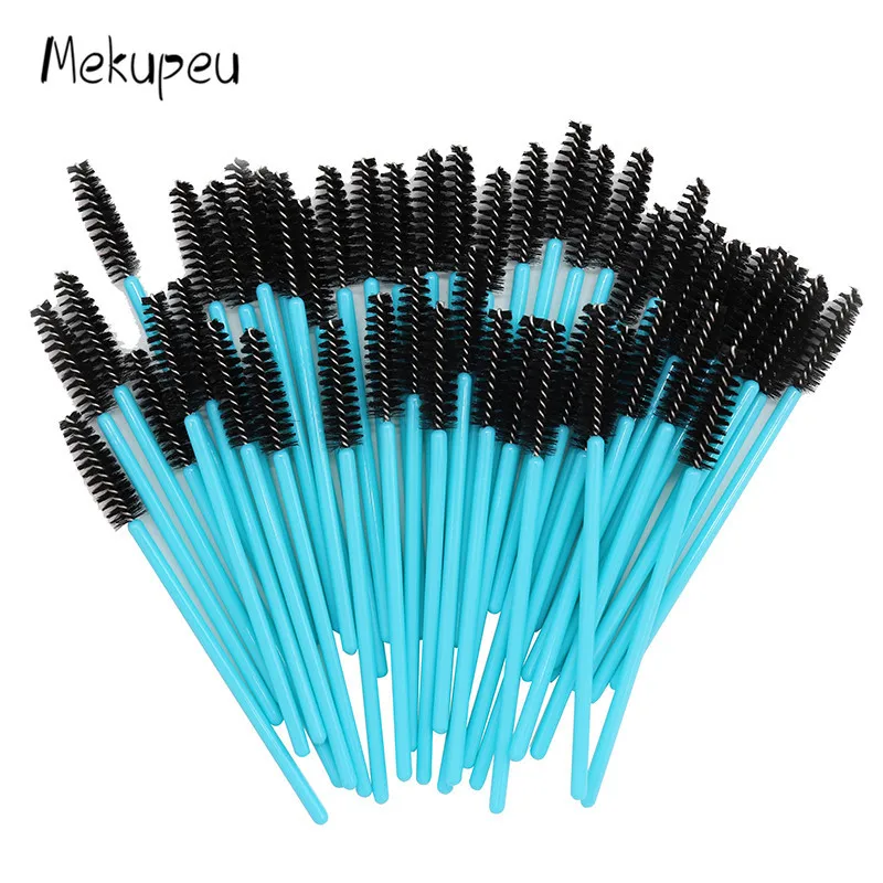 50 Stück/Packung Nylon-Mascara-Bürsten mit goldenem/blauem Griff, Einweg-Wimpernbürsten für Wimpernverlängerung, Make-up-Pinsel – Detail 1