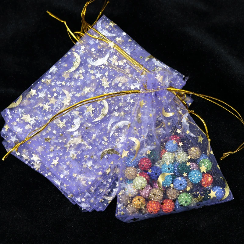 100 unids/lote de bolsas de Organza con forma de estrella y Luna, 7x9, 9x12cm, pequeñas bolsas de regalo con cordón para Navidad, bolsas para embalaje de joyería de boda