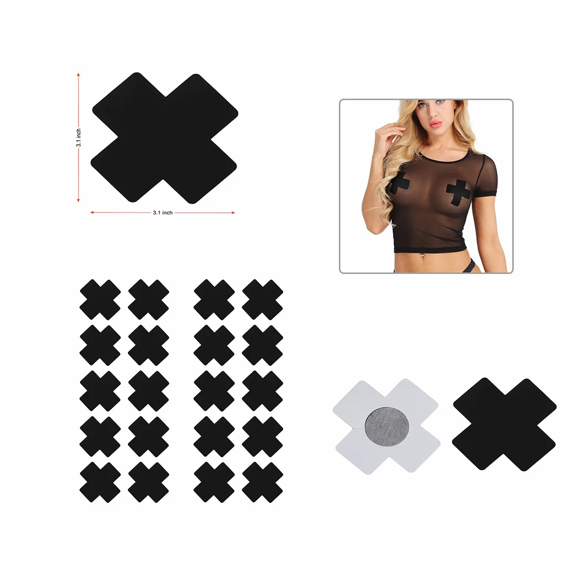 20pcs Black Womens Cross Shape Self-Adhesive Disposable Satin Nipple Cover Breast Pasties Stickers for strapless Clothes