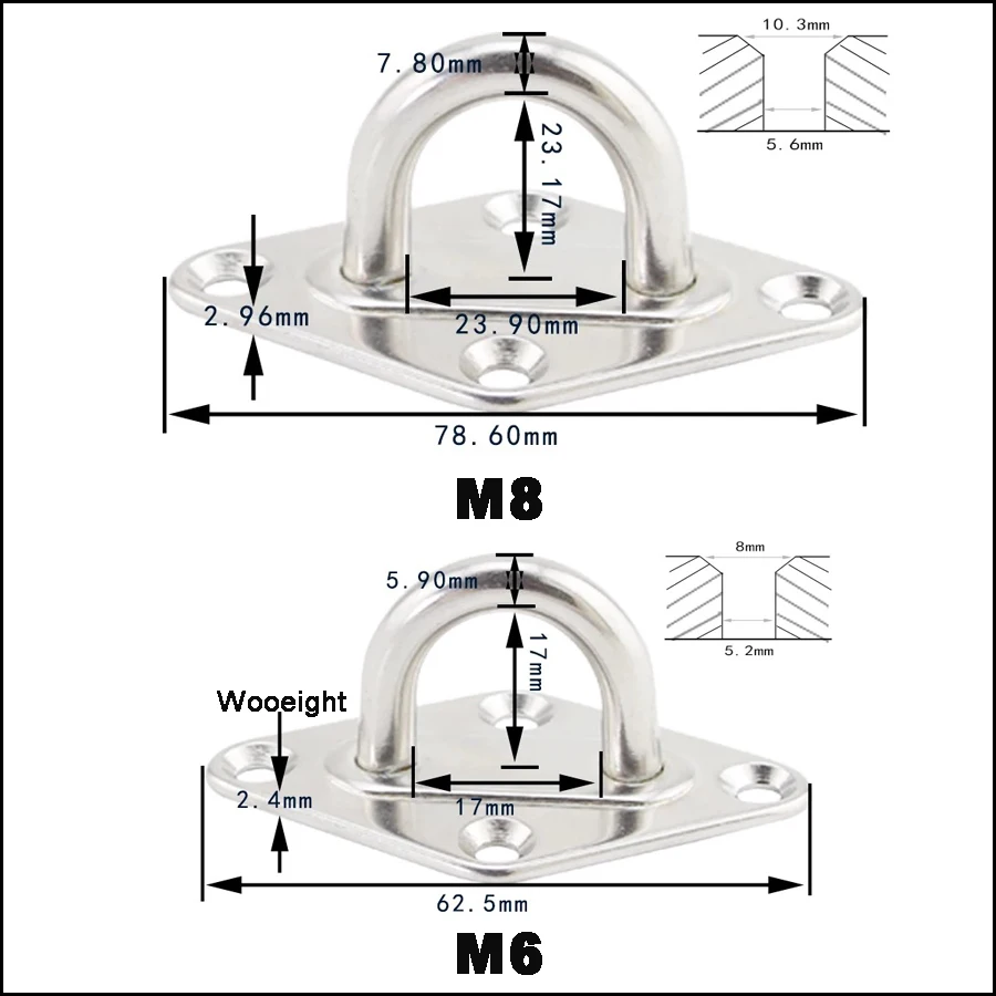 Wooeight M6 M8 Stainless Steel Stainless Steel Ceiling Wall Mount Hook Heavy Duty Anchor Eye Plate For Boat Yoga Swings Hammocks