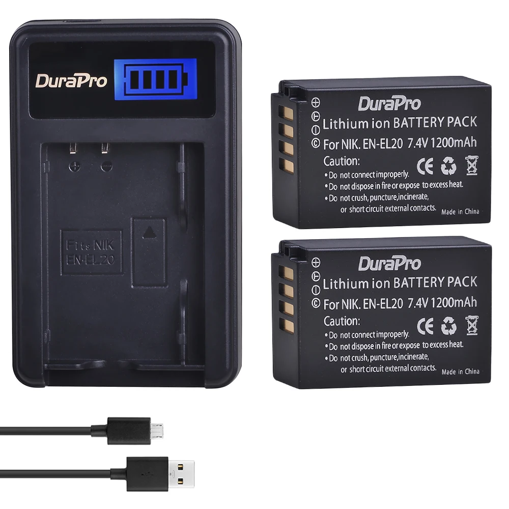 Durapro 2pc 1200mAh EN-EL20 EN EL20 Rechargeable Battery + LCD USB Charger For Nikon 1 J1 J2 J3 S1 Coolpix A1 AW1 Camera