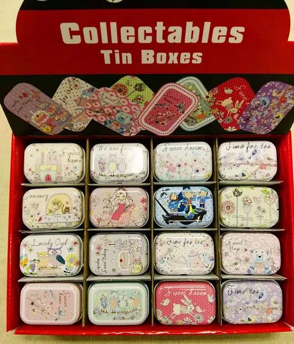 

Free Shipping!32pcs/box Cartoon Style Mini Tin Box Metal Coin Saver Jewerly Case Pill case 16 designs Chocolate Box GD16