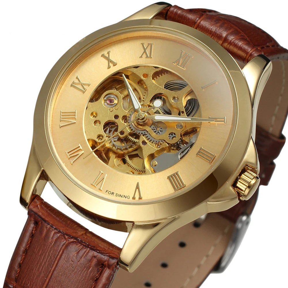 Forsining Brand Classic Retro Design Skeleton Golden Roman Number Brown Genuine Leather Men Mechanical Luxury Automatic Watches