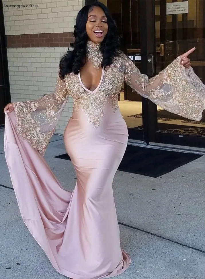 2019 Mermaid Prom Dress Sexy Hoge Hals Applicaties Diepe V-hals Lange Formele Feestdagen Dragen Graduation Avond Party Gown Custom Made