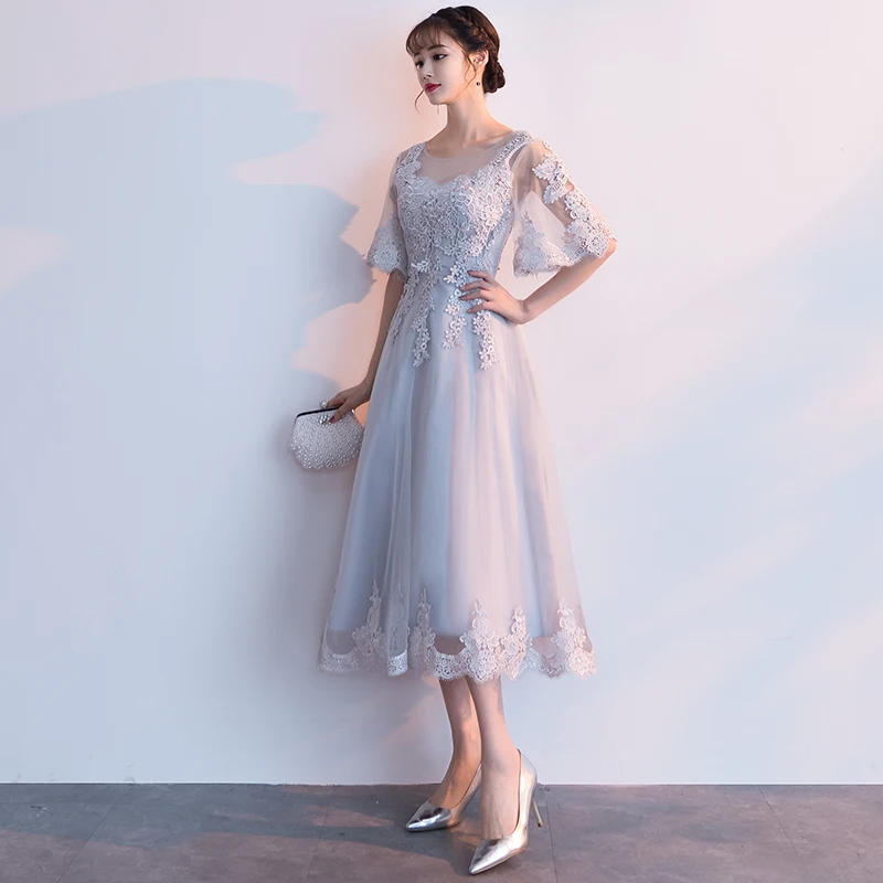 Robe de soiree New Arrival Gery Luxury O-Neck Half Sleeve Embroidery Lace up Evening Dresses Tea Length Formal Dress customized