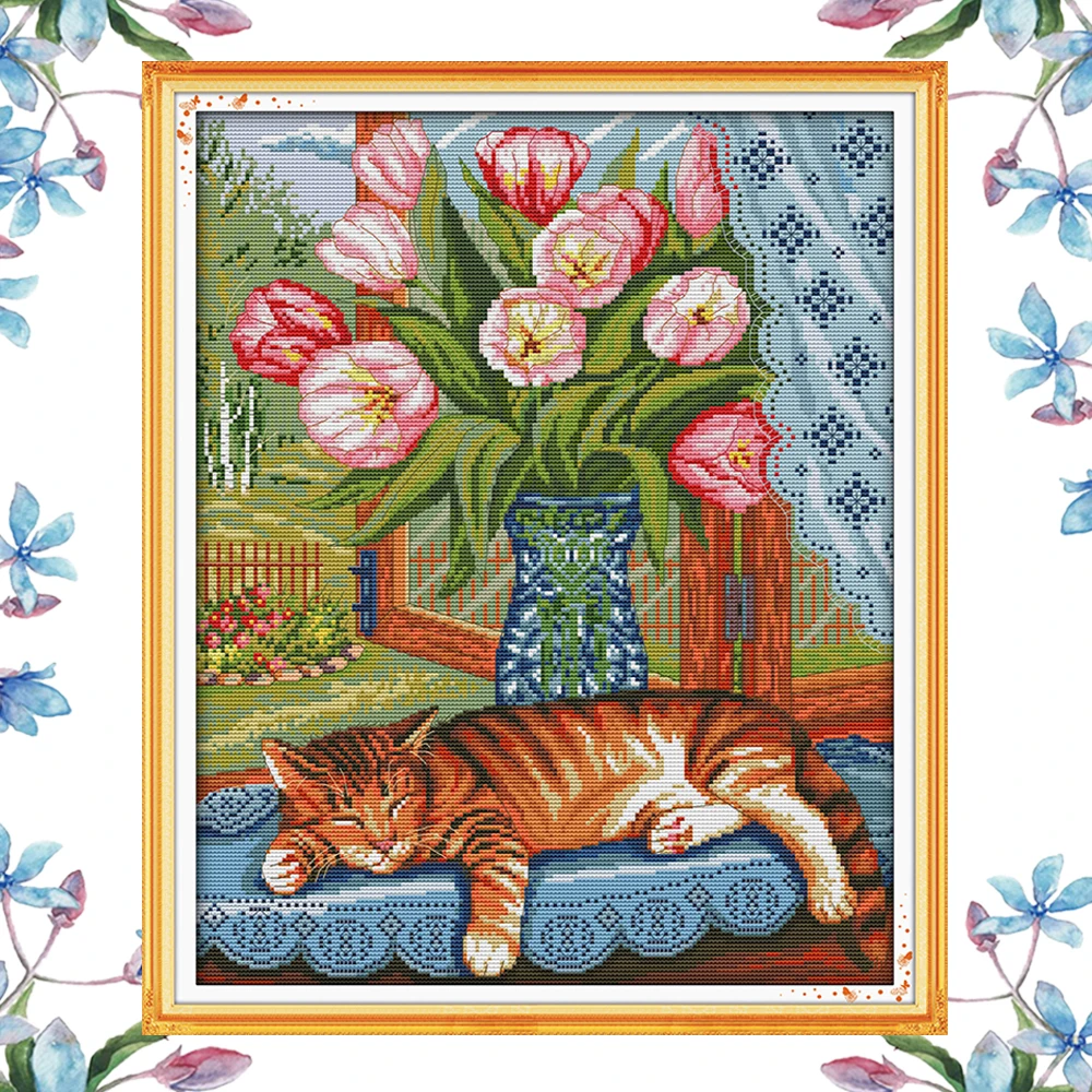 NKF Cat on The Windowsill Chinese Cross Stitch Sets Needle Craft Counted Stamped Canvas Cross Stitch Wedding for Home Decoration