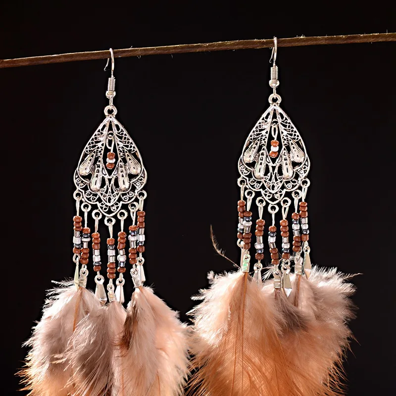 Gypsy Earring For Women Dangle Feather White Long Ear Jewelry Bohemia Vintage Trendy Beads Drop Earrings Fashion Jewelry