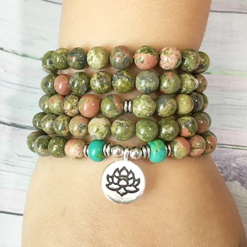 Ruberthen New Design 108 Mala A Grade Unakite Bracelet High Quality Lotus Charm Bracelet Emotional Balance Self Bracelet