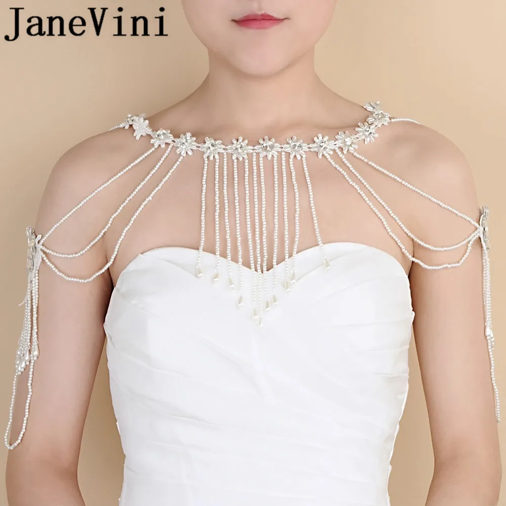 

JaneVini 2019 Bride Pearls Necklaces Luxury Crystal Women Collar Shoulder Chain Lace Tassel Wedding Bridal Necklace Accessories