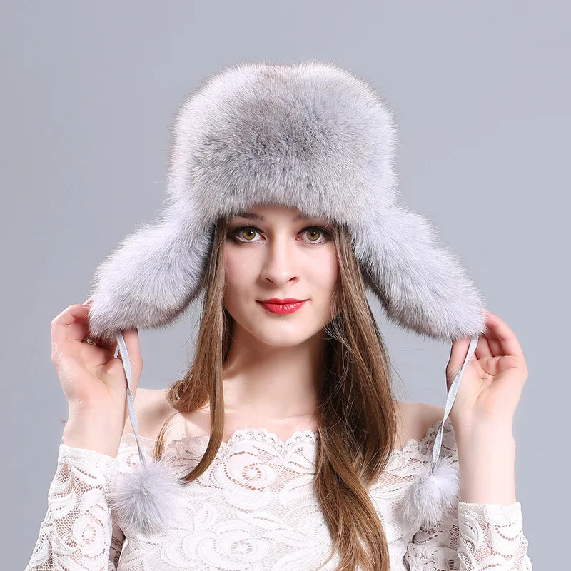 New Fox Hair Warm Lady Bomber Hat Winter Thickened Ear Protection Fluffy Fur Ladies Cap Women Russian Casual Fashion Caps H7063