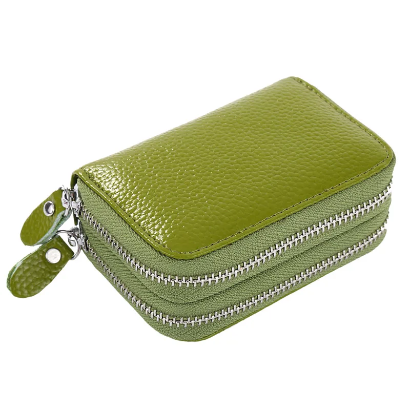 RFID Blocking Fashion Brand Women ID Card Holder Genuine Leather Double Zipper Ladies Credit Card Case Wallet Large Capacity