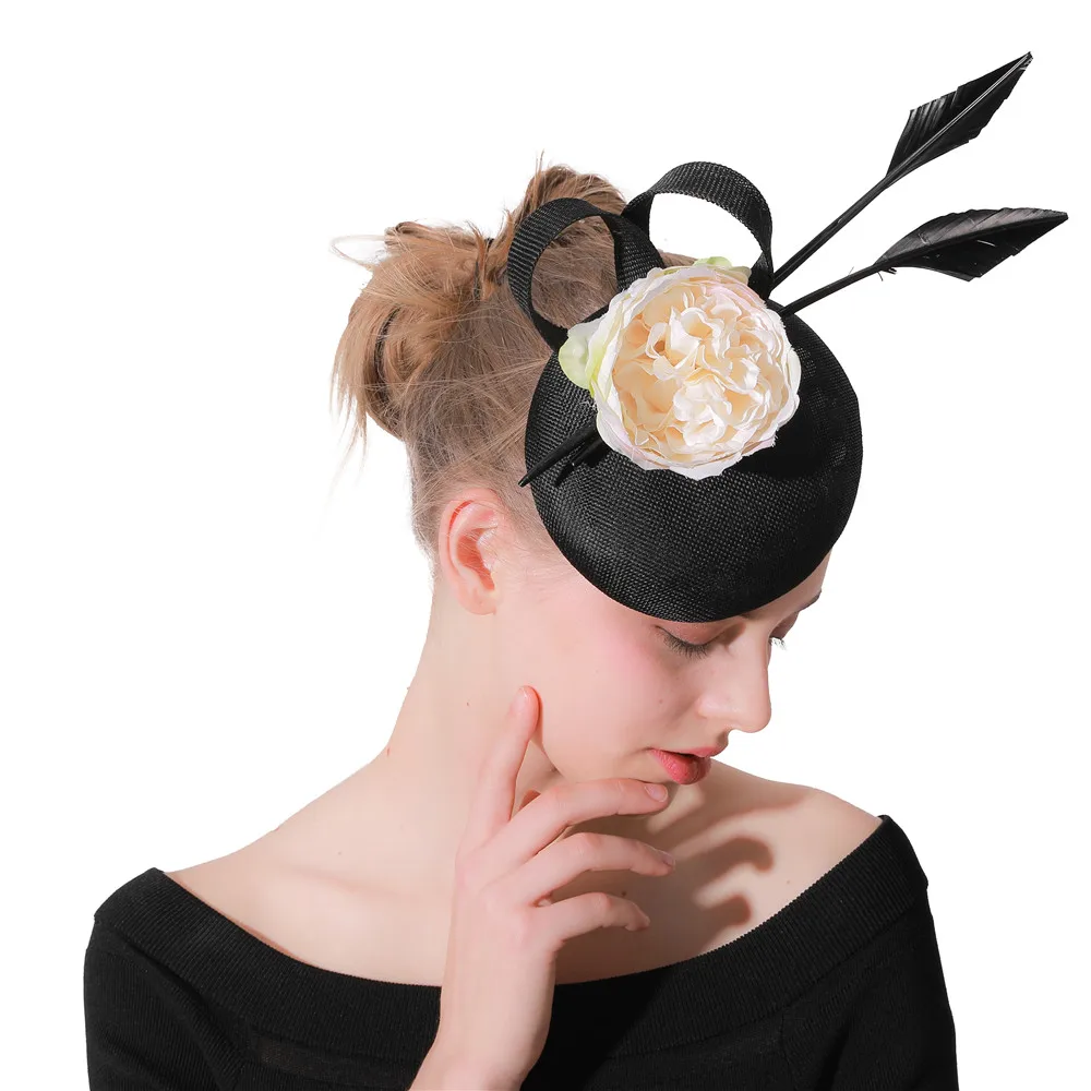 

Black Fascinator Wedding Women Elegant Hats Chapeau Vintage Party Tea Headwear Hair Clips Ivory fFloral Hair Party Accessories