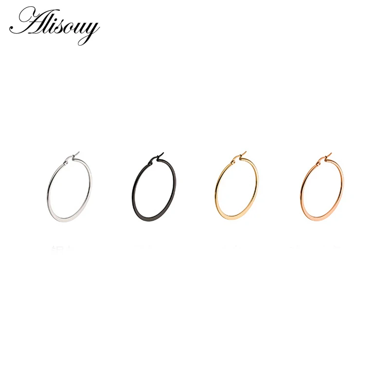 Alisouy 1 Pair Sexy Women Hypoallergenic 316L Stainless Steel Rounded Oval Smooth flat Big Large Hoop Earrings Jewelry 20-60mm