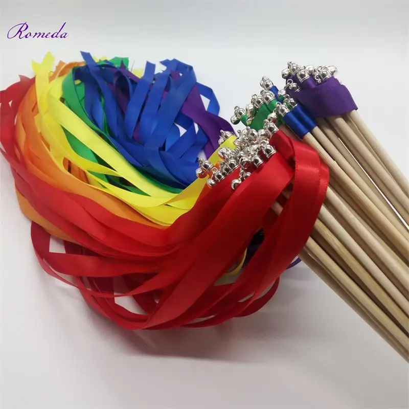 Newest 50pcs/lot rainbow wedding ribbon stick wands Sparklers  with sliver bell for wedding decoration