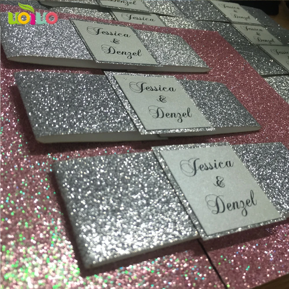 

printed small tag card with glitter paper silver,tied colorful bow,glitter paper band sticked on wedding invitation cards