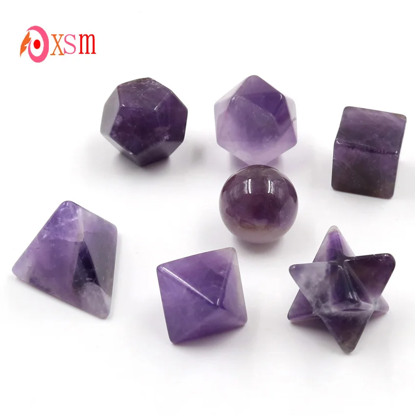 

Natural Amethysts Carved 7Pcs Platonic Solids Sacred Geometry Symbols Merkaba Star Crystal Reiki Healing Balancing Jewelry Beads