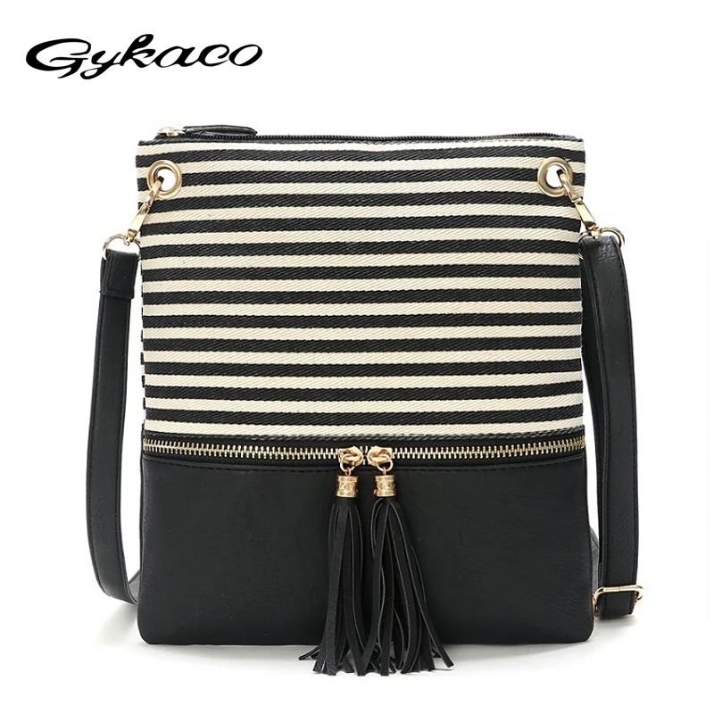 Gykaeo 2024 New Female Canvas Shoulder Bag Ladies Stitching Color Leather Crossbody Bags for Women Fringed Small Messenger Bags