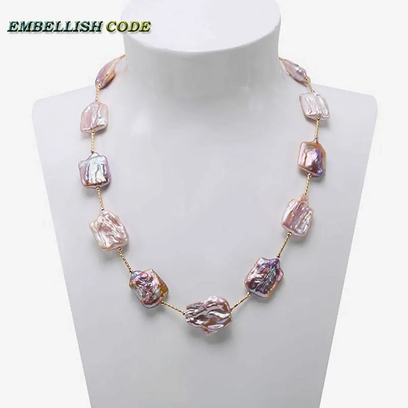 

2018 new big size baroque pearl peach or purple statement necklace square flat shape natural freshwater pearls rose golden beads