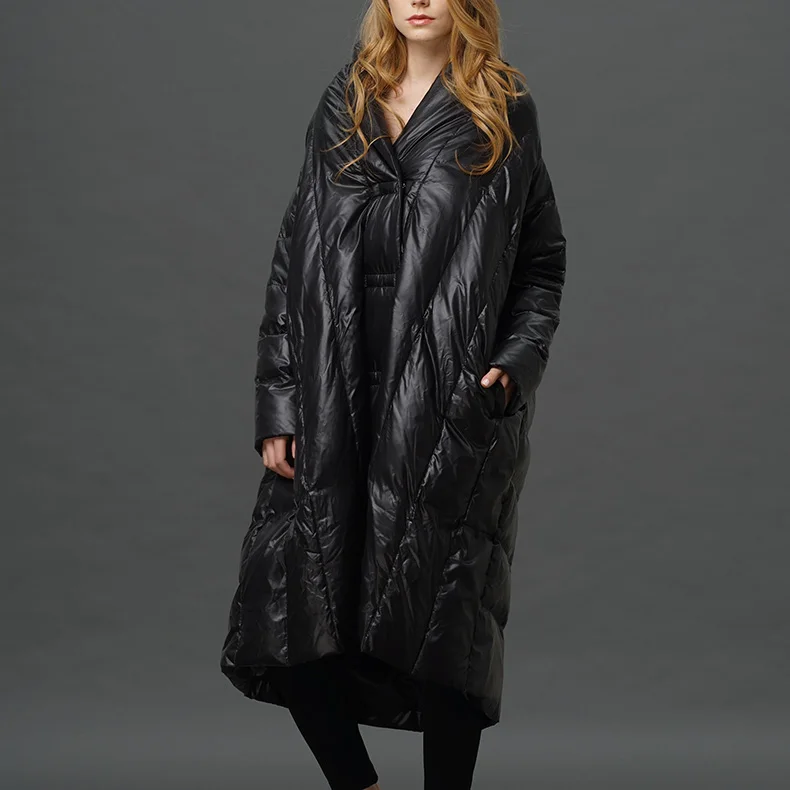 S-4XL fashion 90% duck down coat fashion brand high collar cloak style long down jacket female oversize thick warm coat wj1305