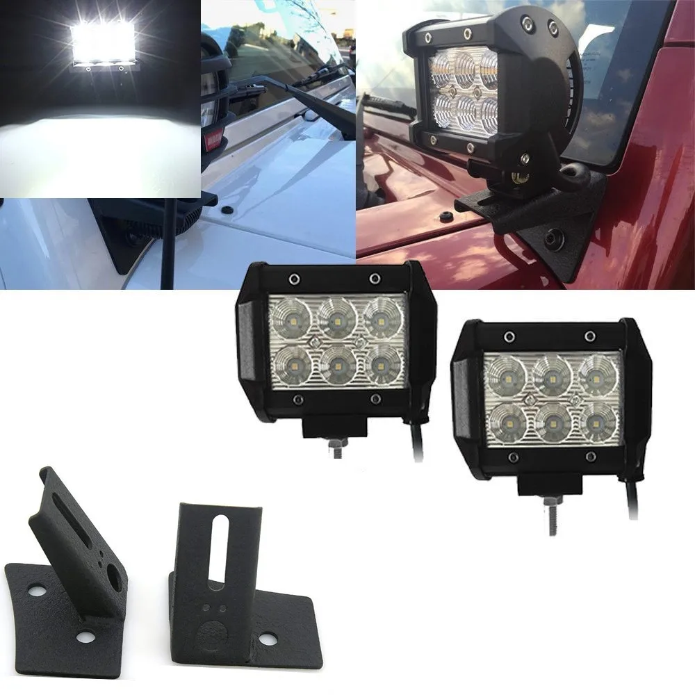 

2pc 18W LED Pod Lights Kit With A-pillar Windshield Hinge Mounting Brackets For 2007-2018 Jeep Wrangler JK Accessories