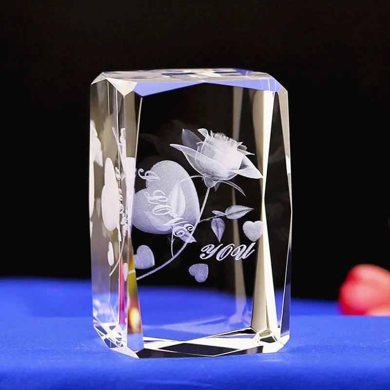 

Fancy 3D laser Flowers In 5*5*8cm Crystal Clear Glass Cube Paperweight With Gift Box For Home Decoration/ Valentine's Day Gifts