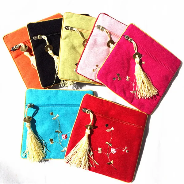 40pcs Chinese Embroidery Cotton Linen Square Zip Bags Small Christmasn Gift Pouches Jewelry Packaging Coin Purse Party Favors