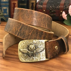 Brass Owl Belt Buckle Yellow Belts For Men Ceinture Homme Men Leather Belt Cowboy Jeans Male Leather Belt Strap Wide MBT0106