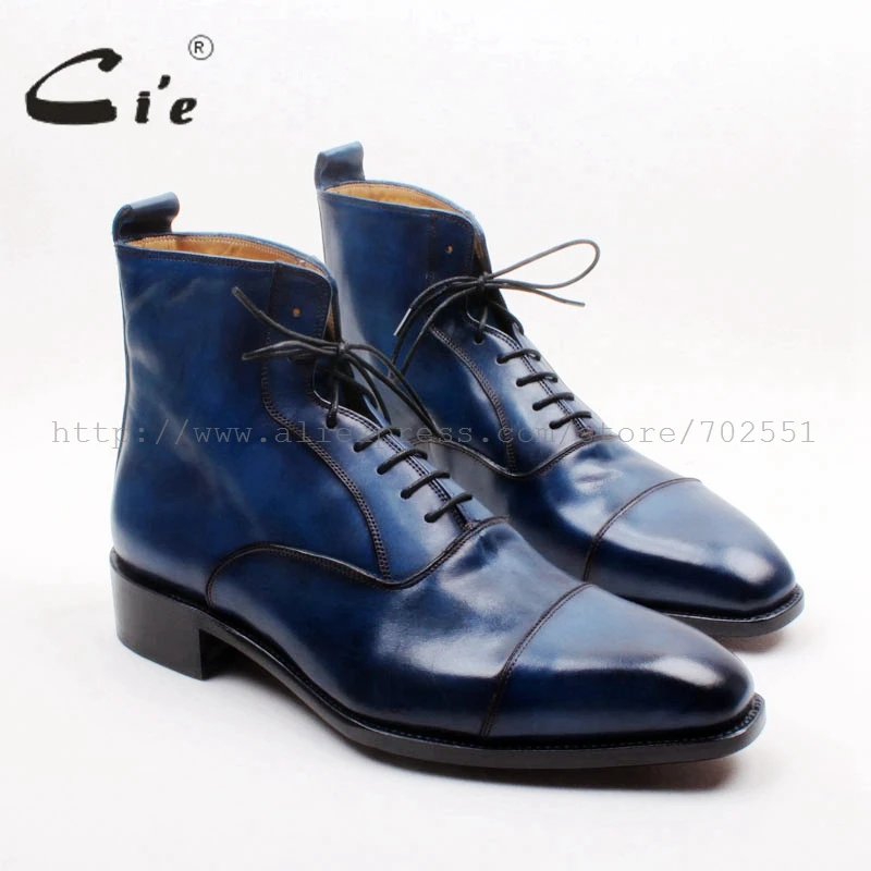 

cie Square Captoe Lace-Up Handmade Hand-Painted Navy 100% Genuine Calf Leather Hidden Suture Goodear Welted Men Leather BootA156