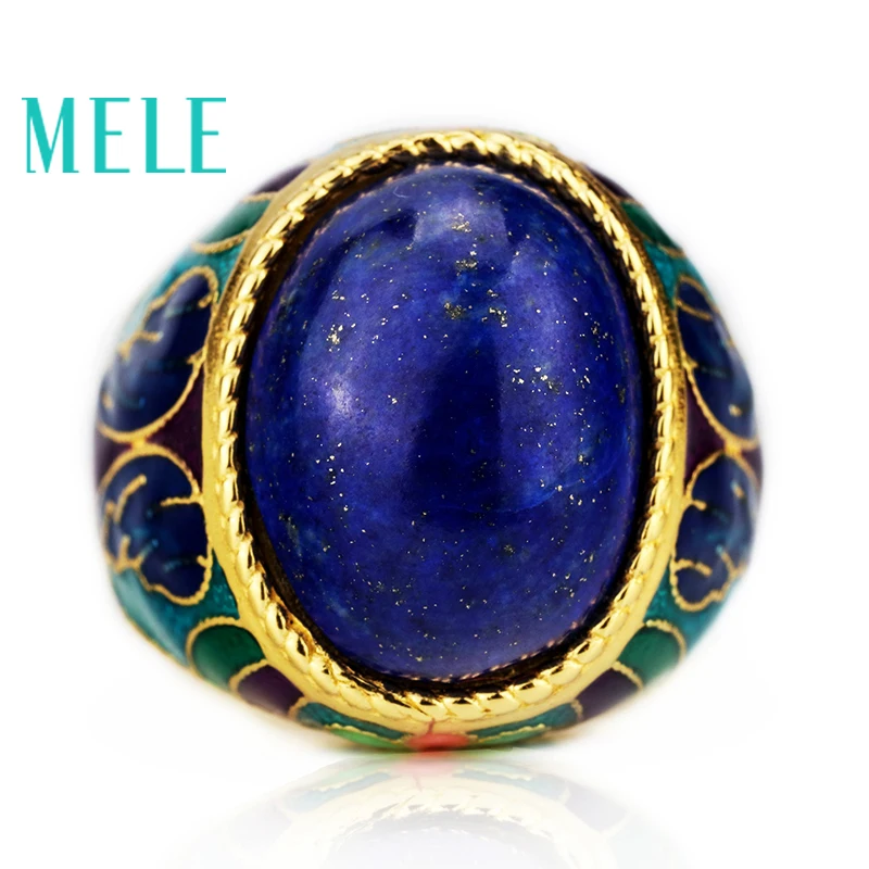 Natural Lapis lazuli 925 silver,Gold-plated rings,Oval cut 13mmX18mm, ancient times style, good quality Fire crack big ring