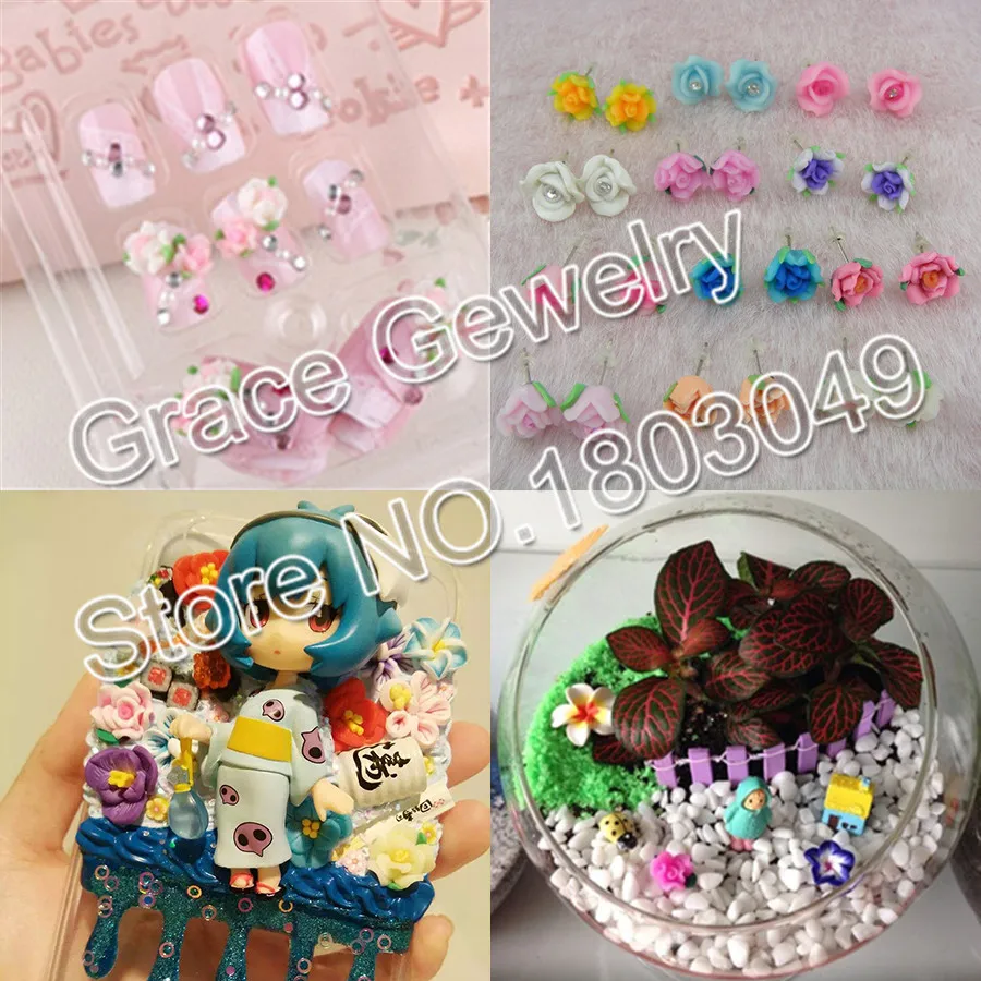 30pcs/lots 8mm Small Mini Polymer Clay Rose Flowers Beads 3D Nail Art Phone Case Crafts Decoration Earrings Making Diy Materials
