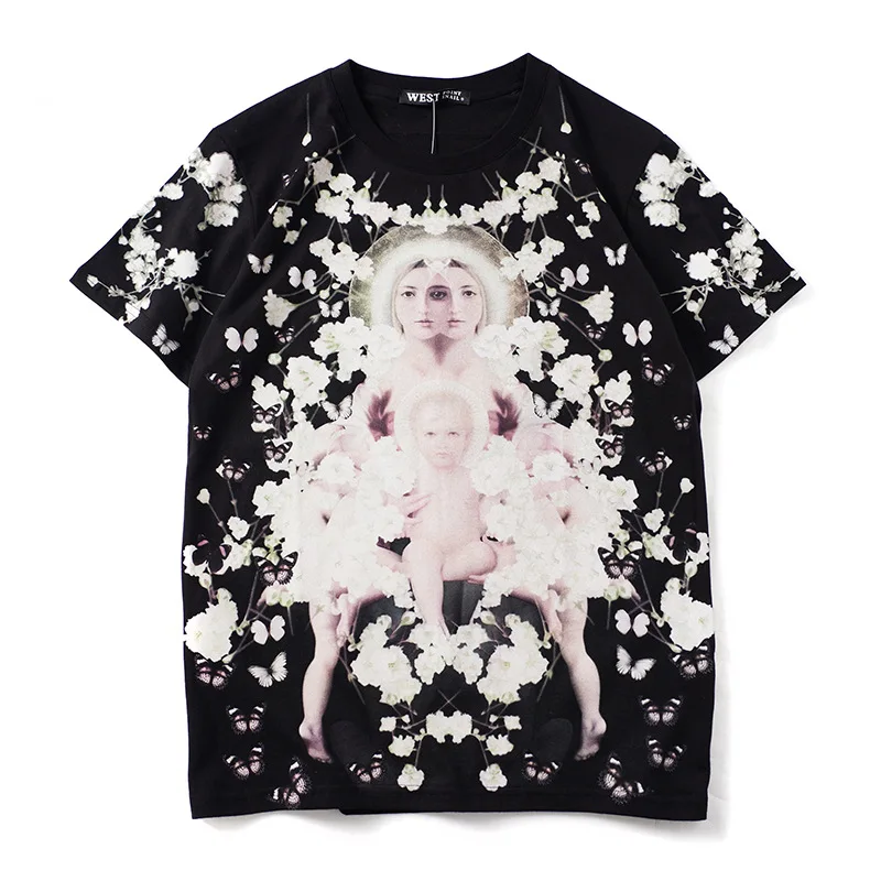 New Novelty 2019 Men Virgin Mary Flower Baby T Shirts T-Shirt Hip Hop Skateboard Street Cotton T-Shirts Tee Top Kenye #06