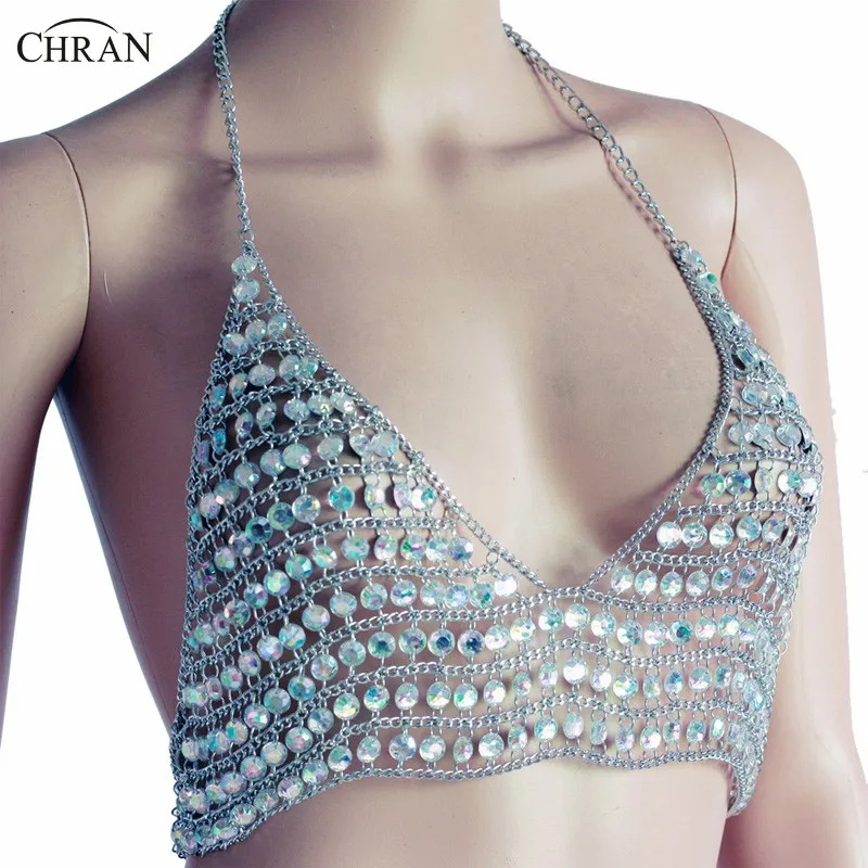 

Chran Fashion Apparel Beaded Sequin Bra Body Chain Sexy Bikini Bralette Halter Festival Beach Jewelry