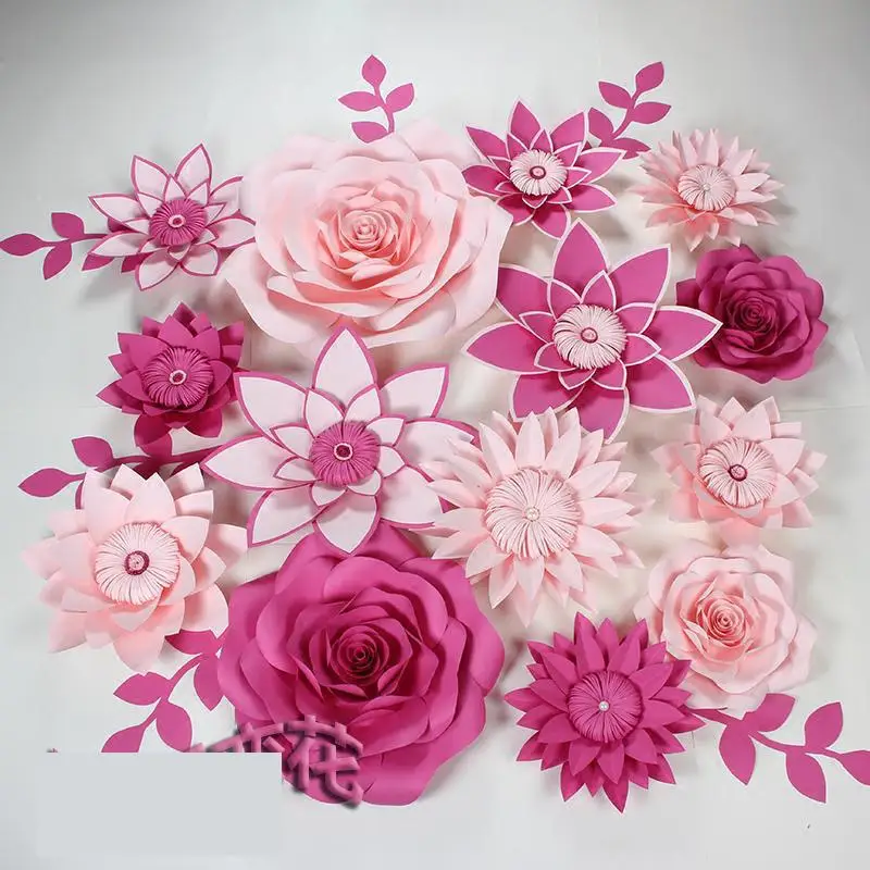 

16pcs Flowers + 6pcs Leaves Simulation Cardboard Paper Rose Showcase Wedding Backdrops Props flores artificiais para decora o