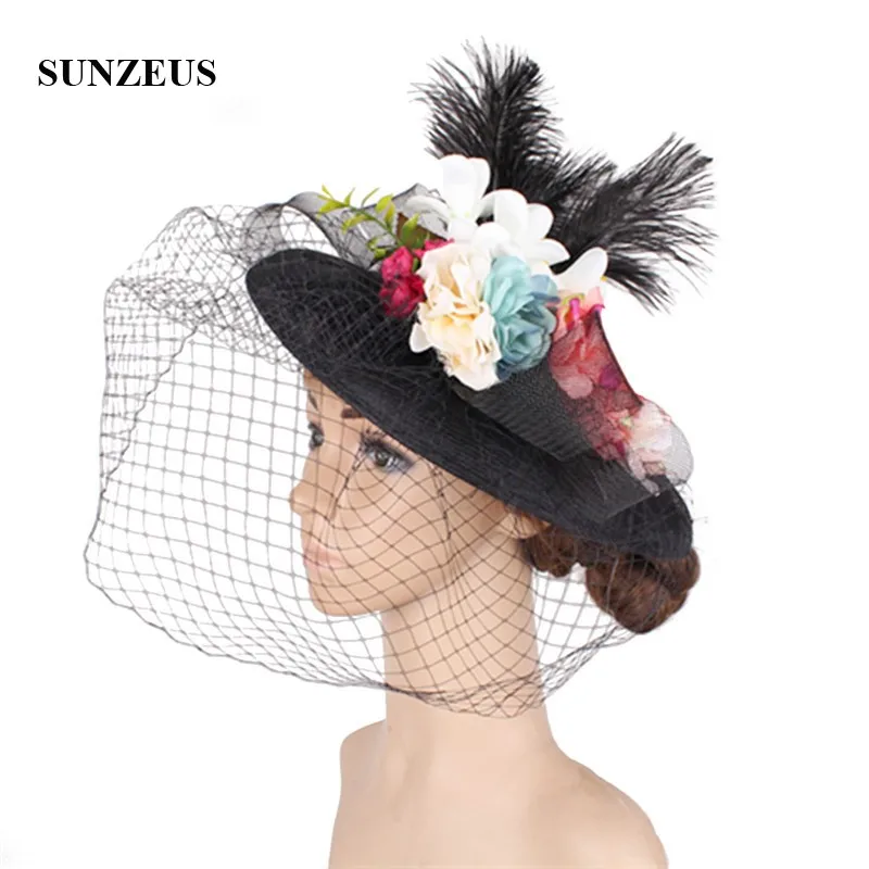 Handmade Flowers Bridal Hat with Face Veil Linen Hat Elegant Ladies Wedding Hat Ivory Feathers Fascinators Headwear  SH91