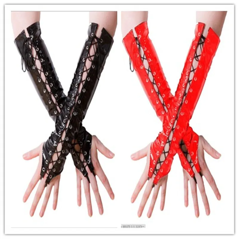 Sexy Long Black Red PVC Women Hanging Gloves Ladies Faux Leather Lacing Gloves Night Club DS Sexy Cosplay Costumes