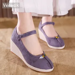 Veowalk String Bead Women Canvas Embroidered Wedge 7cm High Heel Shoes Retro Handmade Ladies Cotton Casual Pumps espadrilles