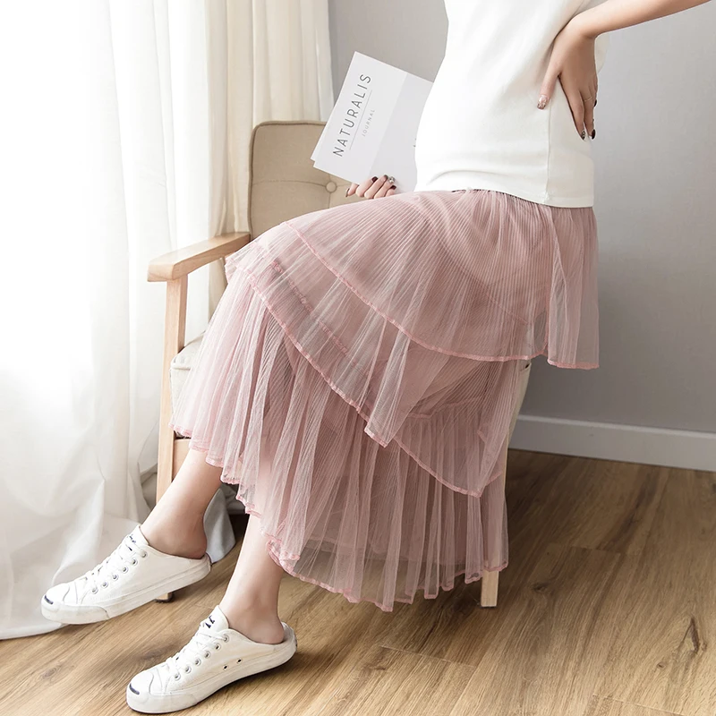 

Solid cake Maternity Skirt Pleated Clothes For Pregnant Women Pregnancy Clothing Mesh High waist Long Skirts Summer 2019