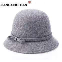 Europe England Korean Fall Winter Women's Fedora Caps Vintage Sun Hats For Woman Lady Wide Brim 100%Wool Felt Bowknot Hat