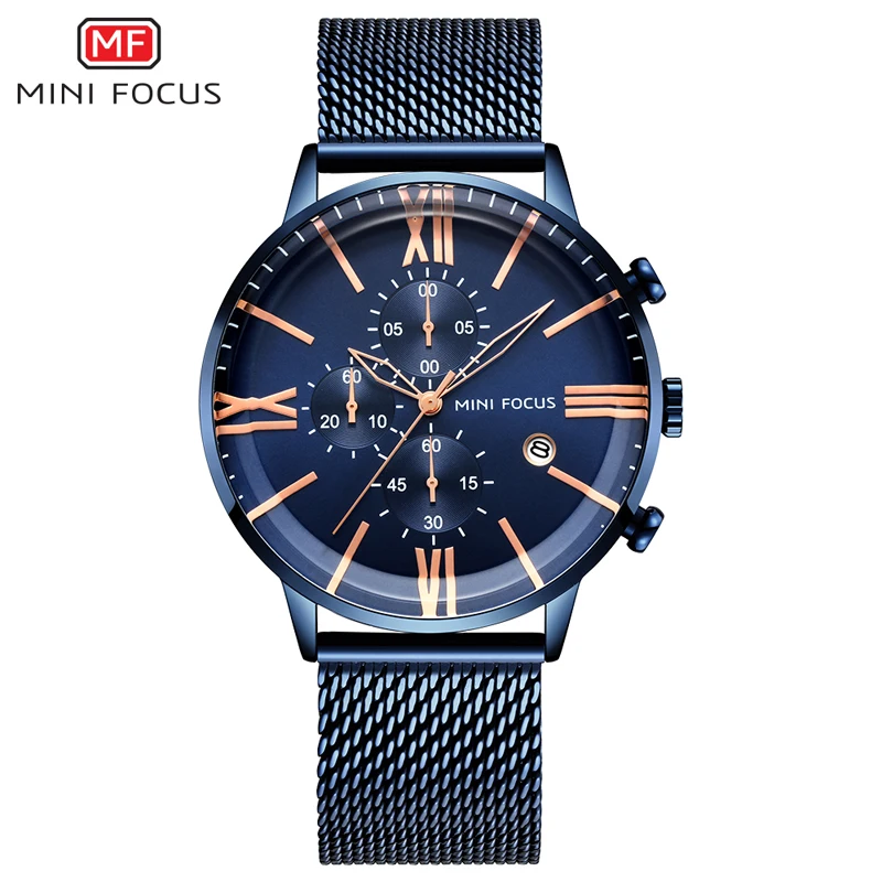 Imagem -03 - Mini Focus Relógio de Quartzo Cronógrafo Masculino Relógio Impermeável com Pulseira de Malha Azul de Marca Superior para Homens 0236g