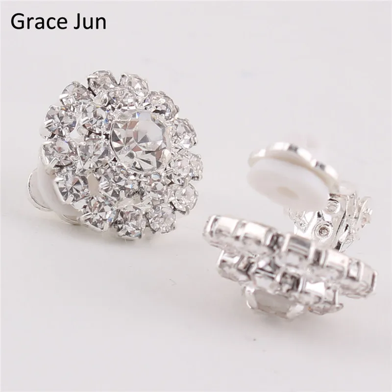 Grace Jun New Arrival Double Round Rhinestone Clip on Earring No Pierced for Women Party Charm Fine Jewelry Bijouterie