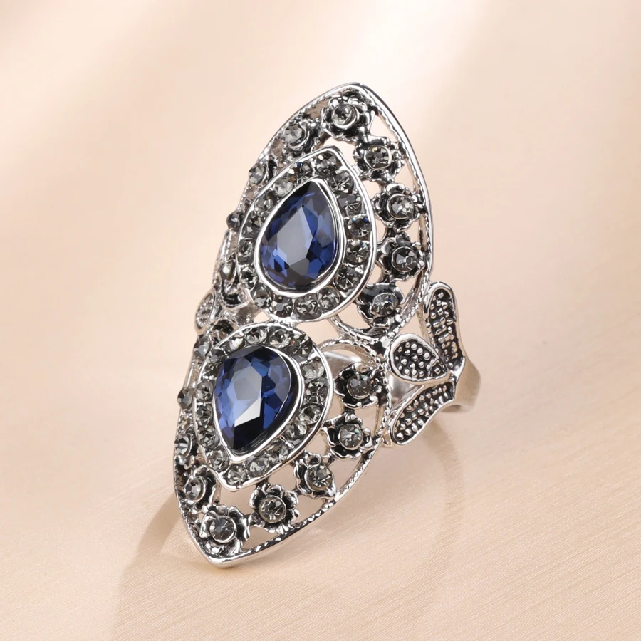 Kinel Luxury Blue Glass Ring For Women Antique Tibetan Silver Party Grey Crystal Vintage Wedding Jewelry 2020 New