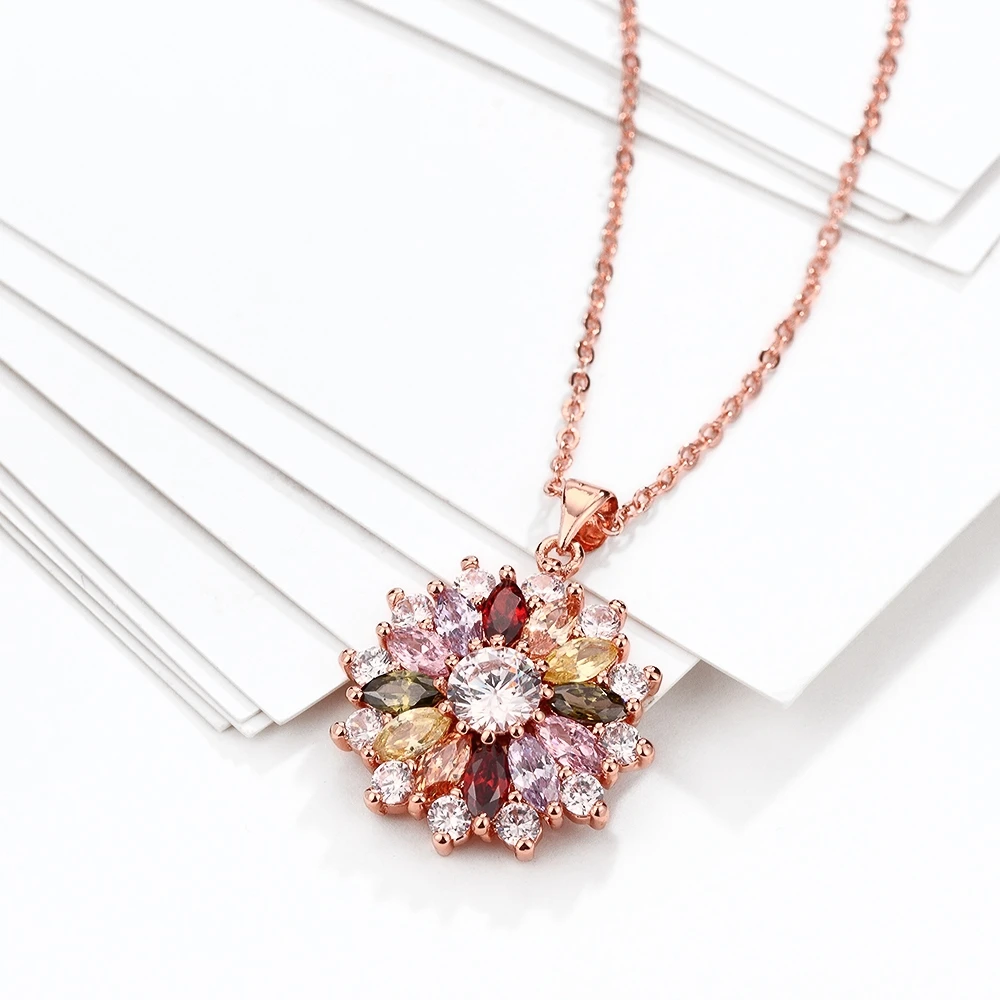 Rose Gold Color Pendant Necklaces for Women Girls,Plated Gold Multi Color AAA Cubic Zircon Flower Necklace Women\'s Jewelry